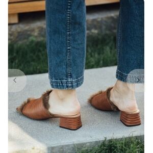 Suzanne Rae Faux Lizard With Faux Mink Lining Mules Slides 7.5 Brown Block Heel